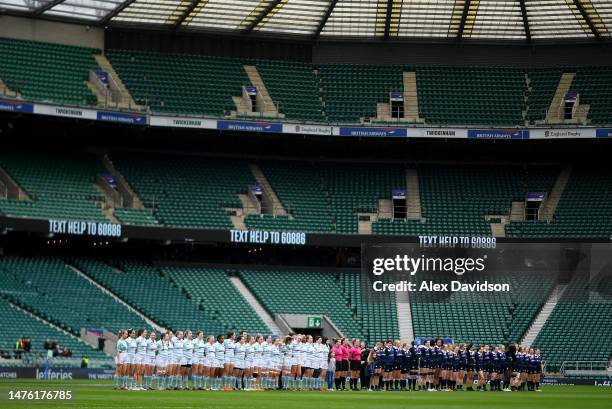 The teams line up for the anthems during the Women's Varsity Match between Oxford and Cambridge at Twickenham Stadium on March 25, 2023 in London,...