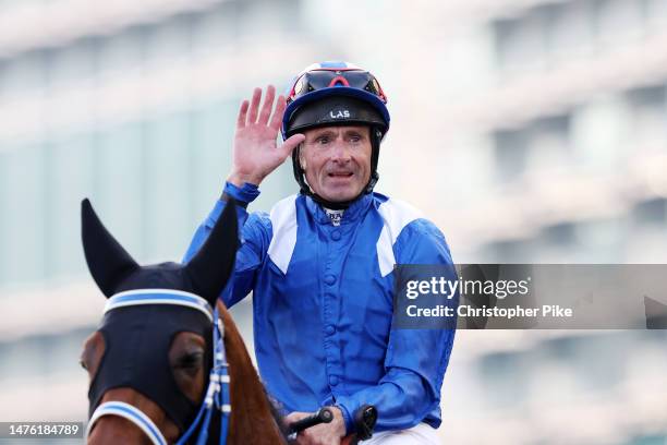 Dane O'Neill riding Danyah after winning the Al Quoz Sprint during the Dubai World Cup at Meydan Racecourse on March 25, 2023 in Dubai, United Arab...