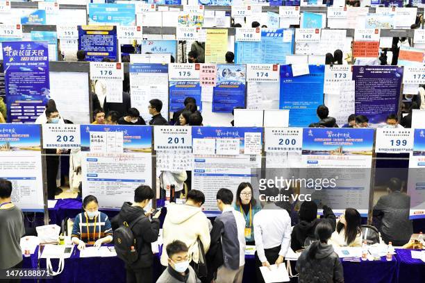 Students attend a job fair at Harbin Institute of Technology on March 25, 2023 in Harbin, Heilongjiang Province of China.