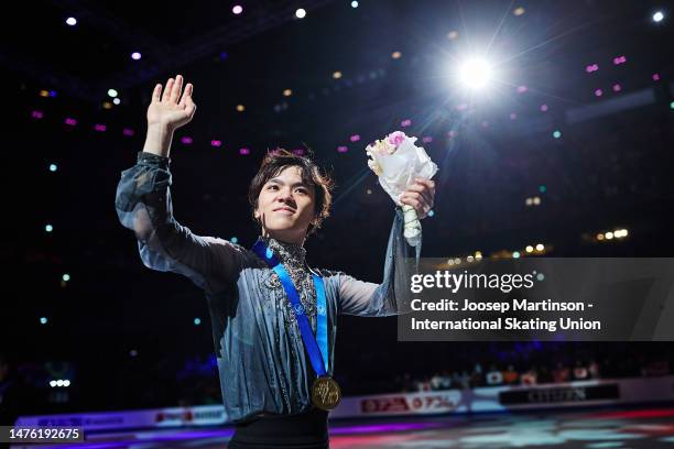 Shoma Uno of Japan poses with the gold medal in the Men's medal ceremony during the ISU World Figure Skating Championships at Saitama Super Arena on...