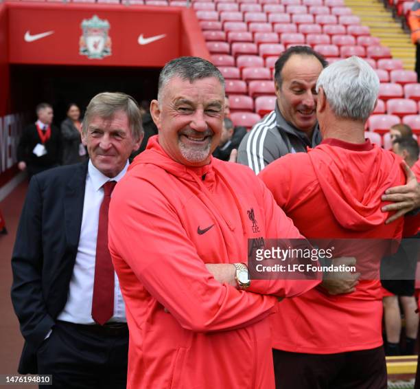 John Alderidge and Kenny Daglish with john barnes at Anfield on March 25, 2023 in Liverpool, England.
