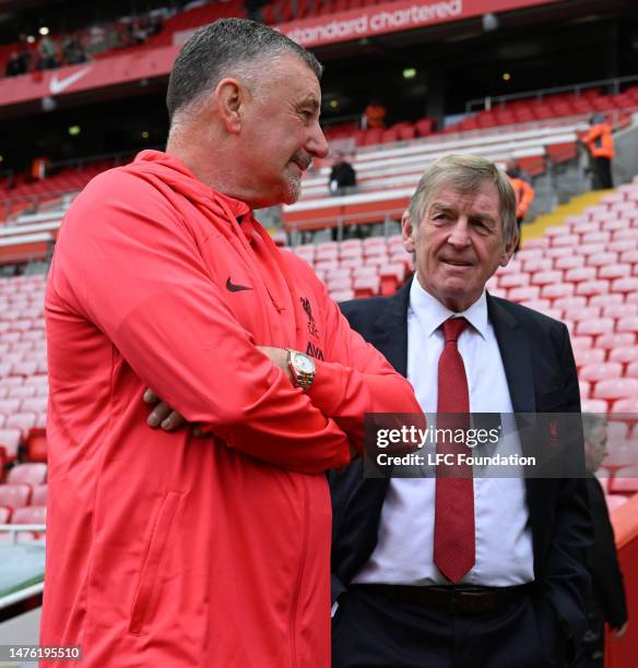 John Alderidge and Kenny Daglish at Anfield on March 25, 2023 in Liverpool, England.