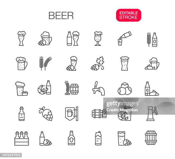 ilustraciones, imágenes clip art, dibujos animados e iconos de stock de conjunto de iconos de línea de cerveza trazo editable - cereal bar