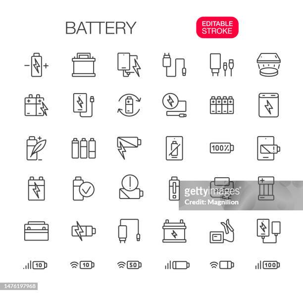 ilustraciones, imágenes clip art, dibujos animados e iconos de stock de cargador de batería iconos de línea establecer trazo editable - adaptor