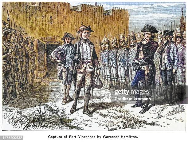old engraving illustration of capture of fort vincennes by governor hamilton - amerikanische revolution stock-fotos und bilder