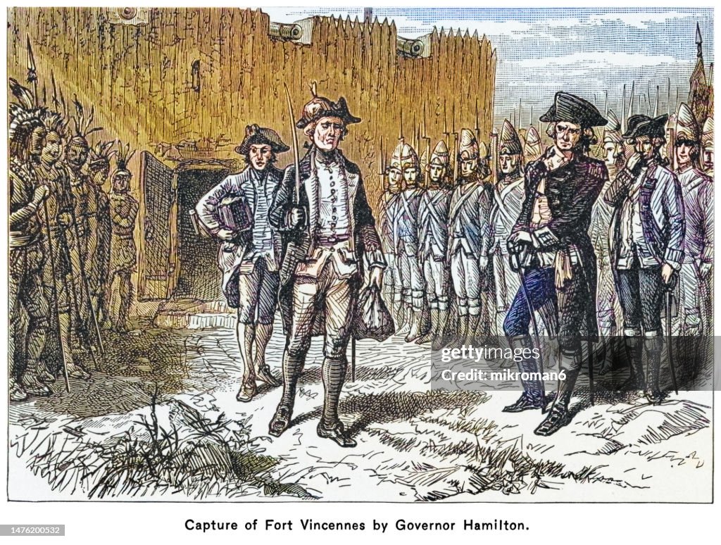 Old engraving illustration of capture of Fort Vincennes by Governor Hamilton