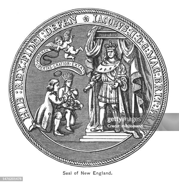 old engraving illustration of seal of new england - change award stock pictures, royalty-free photos & images