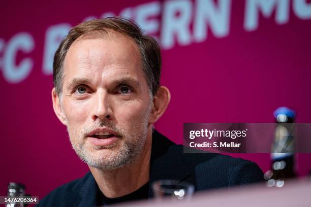 Head coach Thomas Tuchel of FC Bayern Muenchen during a press conference at Allianz Arena on March 25, 2023 in Munich, Germany.