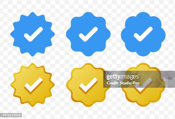 ilustraciones, imágenes clip art, dibujos animados e iconos de stock de icono de marca de verificación azul y dorado. logotipo de marca azul/dorada. emoji de marca de verificación verificado. insignia de verificación. símbolo de cuenta verificada similar a twitter. - precision metal stamping