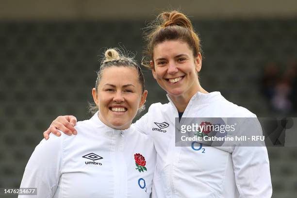 Sarah Hunter and Marlie Packer of England pose for a photo prior to the TikTok Women's Six Nations match between England and Scotland at Kingston...