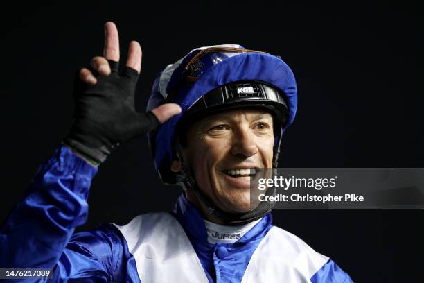 Lanfranco Dettori riding Lord North celebrates winning the Dubai Turf during the Dubai World Cup at Meydan Racecourse on March 25, 2023 in Dubai,...