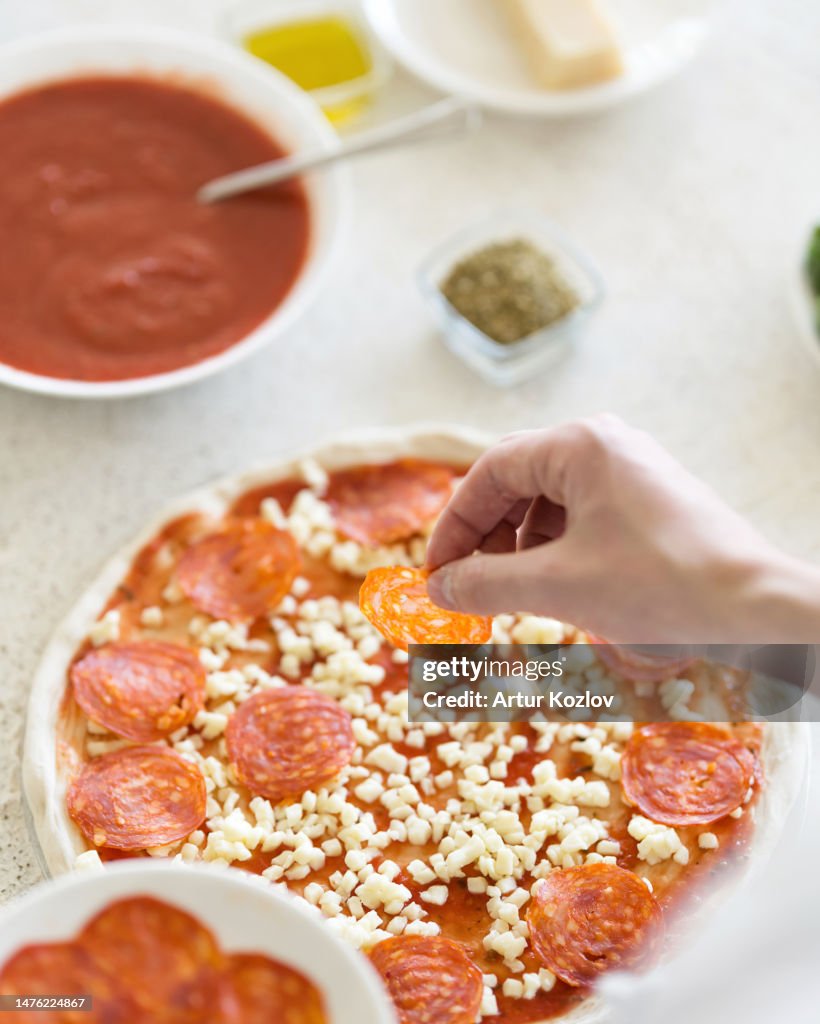 Pepperoni Making Process Process Of Making Pizza Pizzaiollo Puts Pepperoni On Pizza Pizza With ...