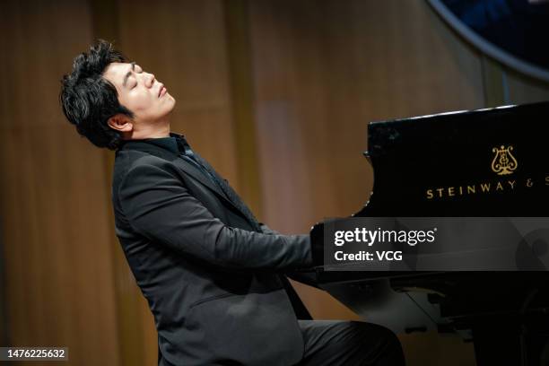 Pianist Lang Lang plays piano at Shandong University of Arts on March 25, 2023 in Jinan, Shandong Province of China.