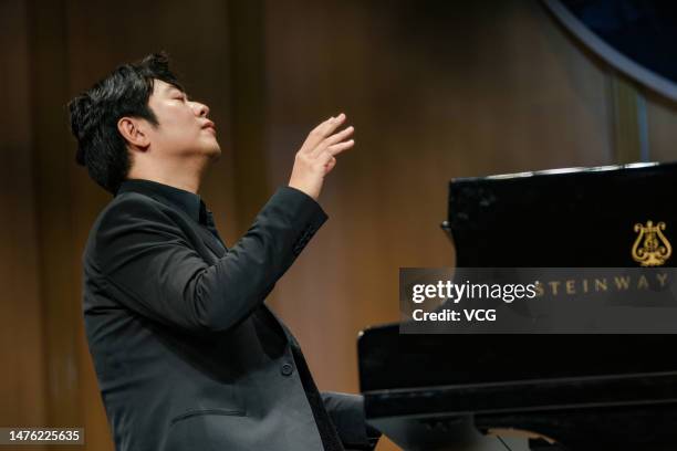 Pianist Lang Lang plays piano at Shandong University of Arts on March 25, 2023 in Jinan, Shandong Province of China.