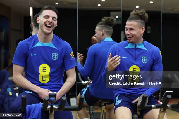 Declan Rice and Kalvin Phillips of England interact during England Training Session & Press Conference at Tottenham Hotspur Training Centre on March...