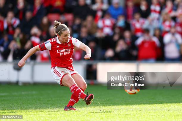 Kim Little of Arsenal scores the team's third goal from a penalty kick during the FA Women's Super League match between Tottenham Hotspur and Arsenal...