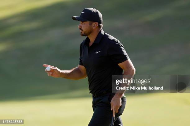 Jason Day of Australia reacts after making birdie on the eighth green during day four of the World Golf Championships-Dell Technologies Match Play at...