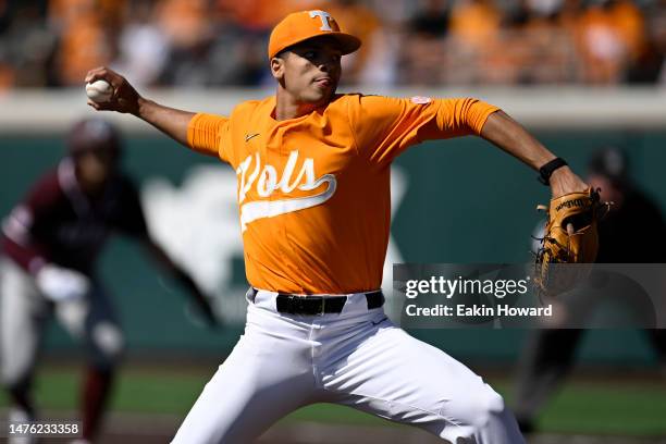 Chase Burns of the Tennessee Volunteers throws a pitch against the Texas A&M Aggies in the first inning at Lindsey Nelson Stadium on March 25, 2023...