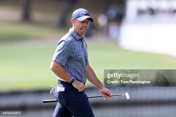 Rory McIlroy of Northern Ireland reacts on the 12th green during day four of the World Golf Championships-Dell Technologies Match Play at Austin...