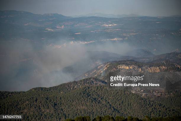 Smoke plumes from the forest fire between Castellon and Teruel seen from the Pico de Santa Barbara, on 25 March, 2023 in Pina de Montalgrao,...