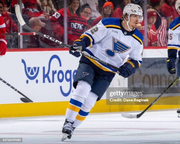 Kasperi Kapanen of the St. Louis Blues follows the play against the Detroit Red Wings during the third period of an NHL game at Little Caesars Arena...