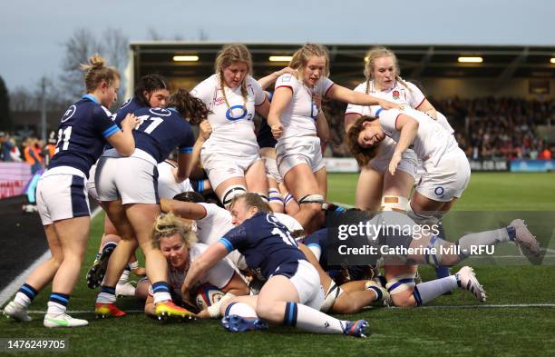 Marlie Packer of England scores the side's eighth try during the TikTok Women's Six Nations match between England and Scotland at Kingston Park on...