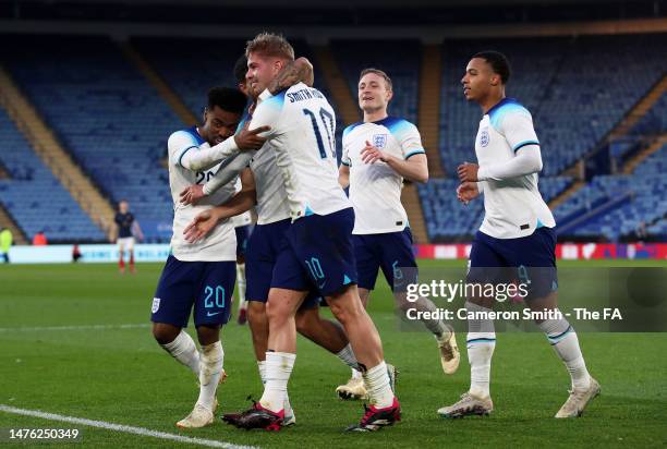 Emile Smith Rowe of England U21 celebrates their sides first goal during the International Friendly match between England U21 and France U21 at The...