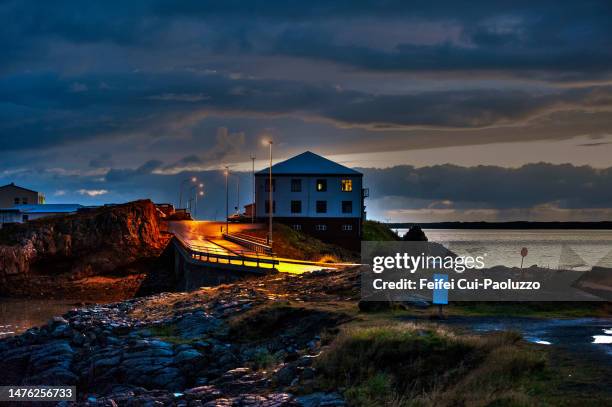 night harbor view at borgarnes west iceland - borgarnes stock pictures, royalty-free photos & images