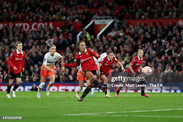 Katie Zelem of Manchester United scores the team's first goal from a penalty kick during the FA Women's Super League match between Manchester United...