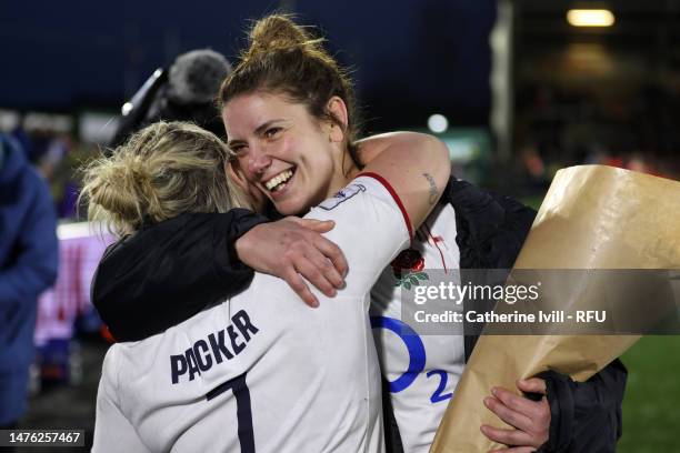 Sarah Hunter of England hugs Marlie Packer of England following the the TikTok Women's Six Nations match between England and Scotland at Kingston...