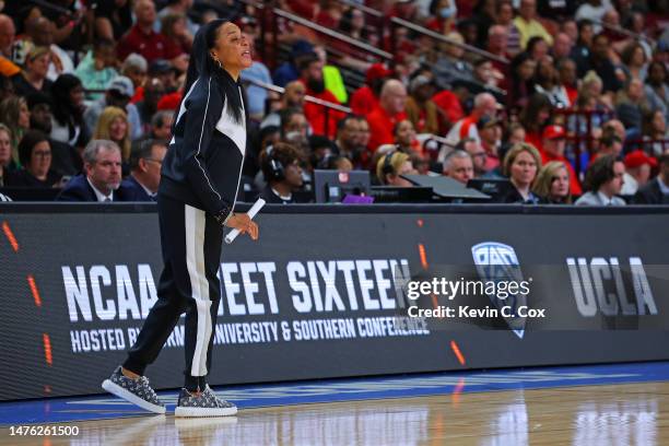 Head coach Dawn Staley of the South Carolina Gamecocks reacts during the first half against the UCLA Bruins in the Sweet 16 round of the NCAA Women's...