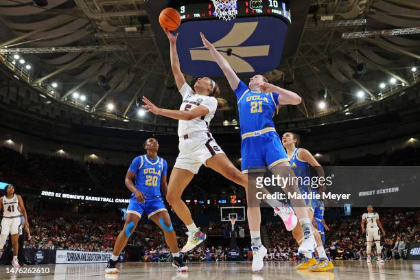 Victaria Saxton of the South Carolina Gamecocks shoots the ball against Lina Sontag of the UCLA Bruins during the first half in the Sweet 16 round of...