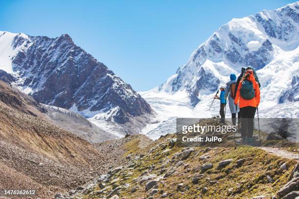 petit groupe de personnes faisant de la randonnée dans les montagnes près du glacier - montagnes du caucase photos et images de collection