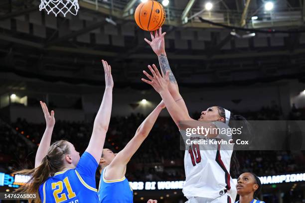 Kamilla Cardoso of the South Carolina Gamecocks shoots the ball against Lina Sontag of the UCLA Bruins during the second half in the Sweet 16 round...