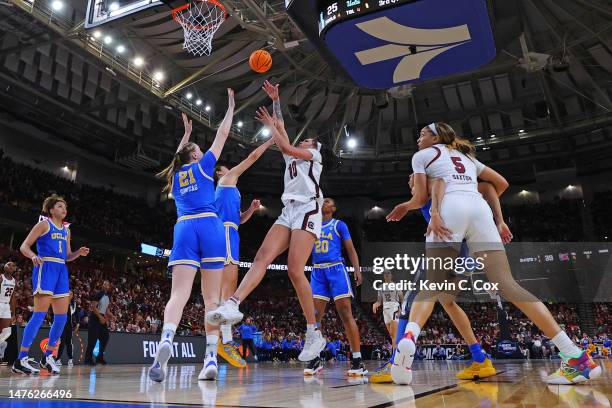 Kamilla Cardoso of the South Carolina Gamecocks shoots the ball against Lina Sontag of the UCLA Bruins during the second half in the Sweet 16 round...