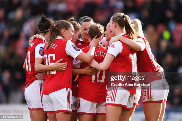 Kim Little of Arsenal celebrates with teammates after scoring the team's third goal during the FA Women's Super League match between Tottenham...
