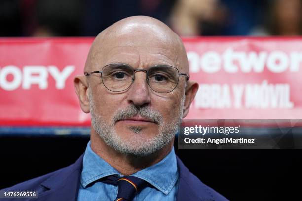 Luis de la Fuente, Head Coach of Spain, looks on prior to the UEFA EURO 2024 Qualifying Round Group A match between Spain and Norway at La Rosaleda...