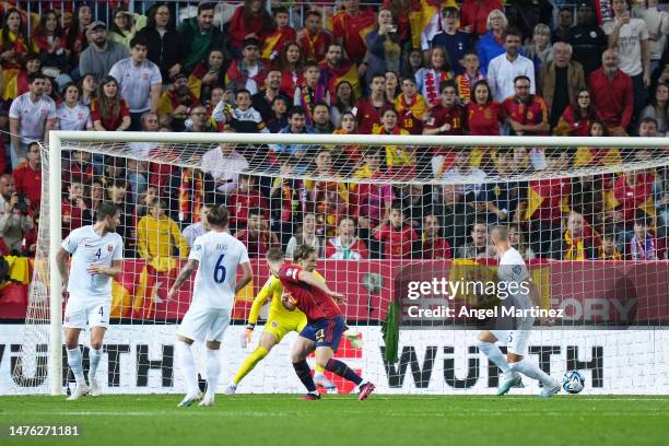 Dani Olmo of Spain scores the team's first goal past Orjan Nyland of Norway during the UEFA EURO 2024 Qualifying Round Group A match between Spain...