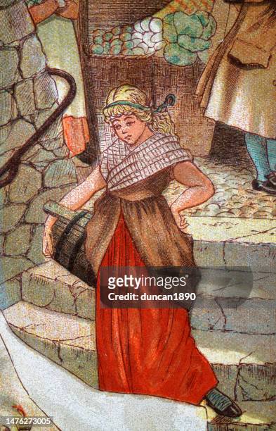 teenage girl carrying a wooden milk pail, scottish 18th century style - teenagers only stock illustrations