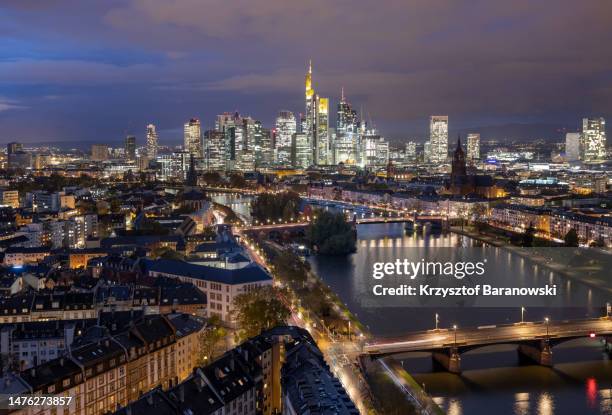 frankfurt am main skyline at dusk - central europe stock pictures, royalty-free photos & images