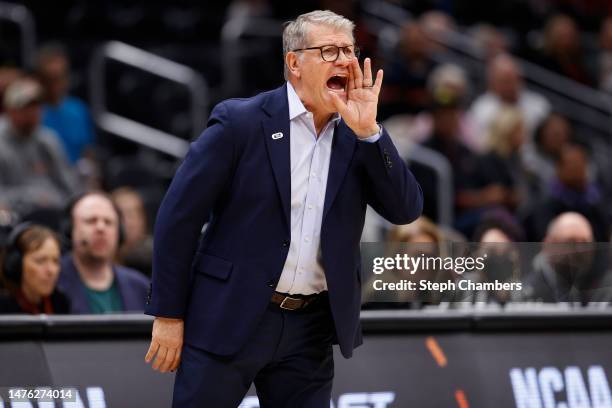 Head coach Geno Auriemma of the UConn Huskies reacts during the first half against the Ohio State Buckeyes in the Sweet Sixteen round of the NCAA...