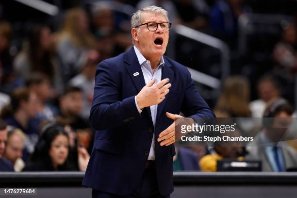 Head coach Geno Auriemma of the UConn Huskies reacts during the first quarter against the Ohio State Buckeyes in the Sweet Sixteen round of the NCAA...