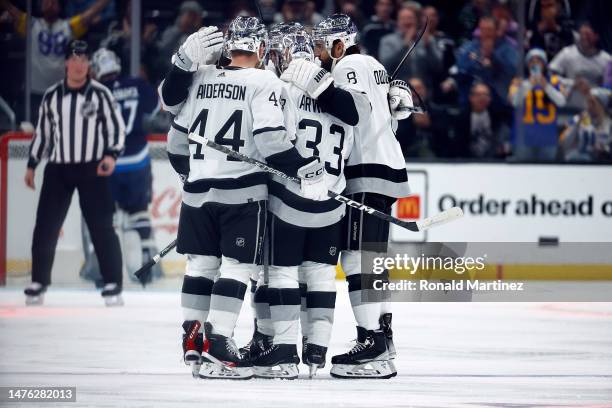Viktor Arvidsson of the Los Angeles Kings celebrates a goal against the Winnipeg Jets in the first period at Crypto.com Arena on March 25, 2023 in...
