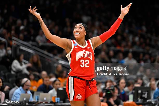 Cotie McMahon of the Ohio State Buckeyes reacts during the second quarter against the UConn Huskies in the Sweet Sixteen round of the NCAA Women's...