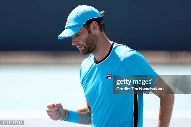 Quentin Halys of France reacts during a match against Alex de Minaur of Australia during the Miami Open held at Hard Rock Stadium on March 25, 2023...