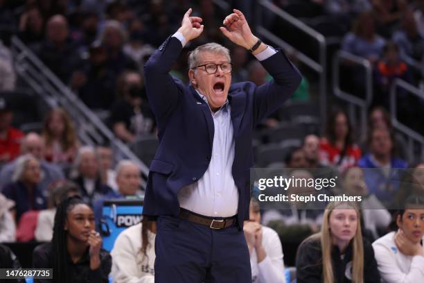 Head coach Geno Auriemma of the UConn Huskies reacts during the second quarter against the Ohio State Buckeyes in the Sweet Sixteen round of the NCAA...