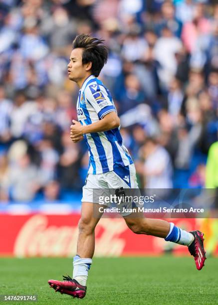 Takefusa Kubo of Real Sociedad celebrates after scoring the team's first goal during the LaLiga Santander match between Real Sociedad and Elche CF at...