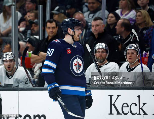 Pierre-Luc Dubois of the Winnipeg Jets celebrates a goal against the Los Angeles Kings in the second period at Crypto.com Arena on March 25, 2023 in...