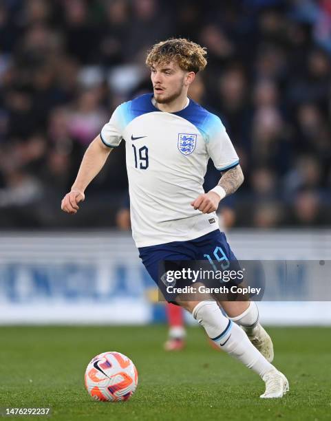 Harvey Elliott of England during the International Friendly between England U21 and France U21 at The King Power Stadium on March 25, 2023 in...