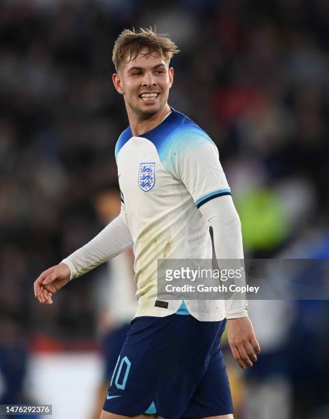 Emile Smith-Rowe of England during the International Friendly between England U21 and France U21 at The King Power Stadium on March 25, 2023 in...